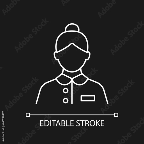 Cabin steward white linear icon for dark theme. Answering questions of visitors. Helping guests. Thin line customizable illustration. Isolated vector contour symbol for night mode. Editable stroke