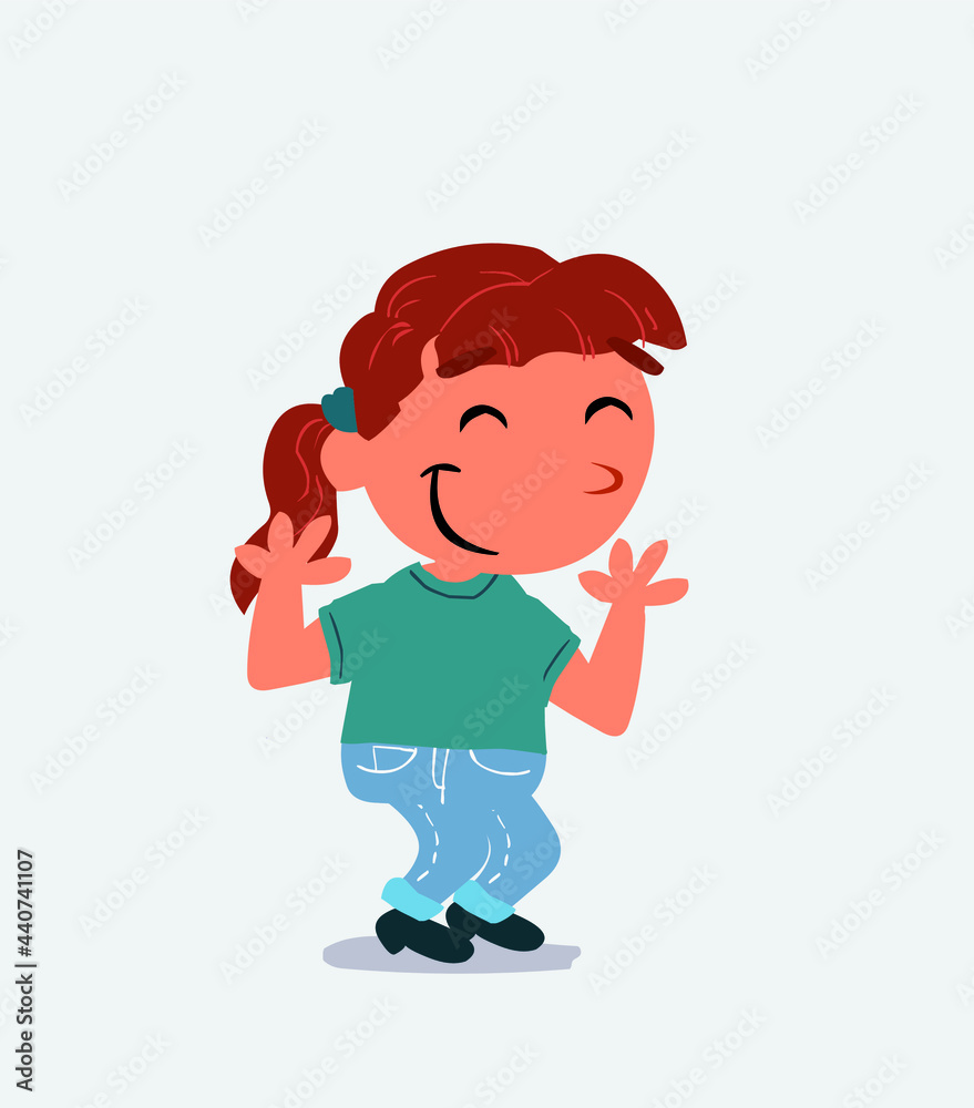 cartoon character of little girl on jeans shrinks somewhat shy.