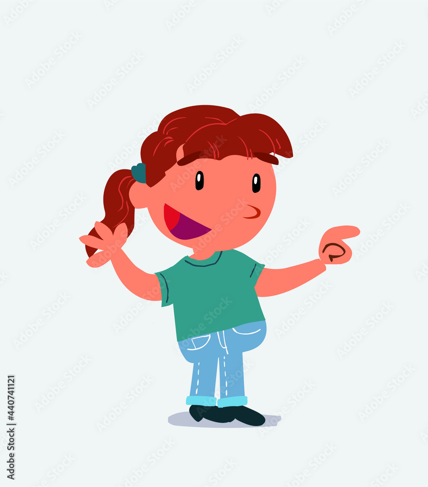 cartoon character of little girl on jeans smiling while pointing