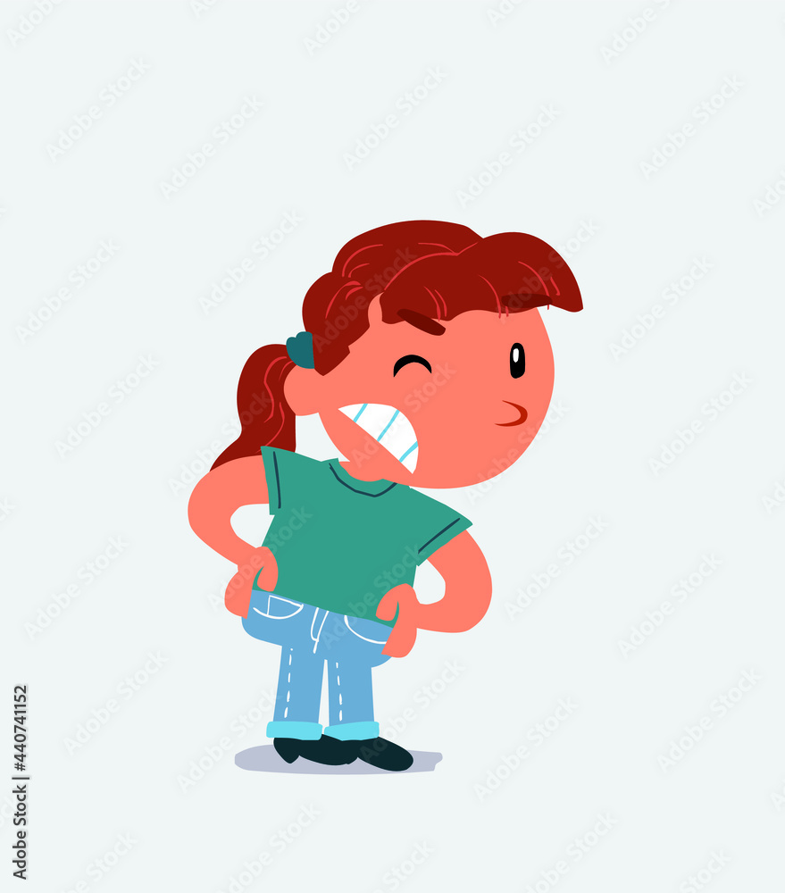 cartoon character of little girl on jeans suspecting something wrong. cartoon character of little girl on jeans suspecting something wrong.