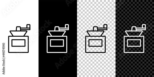 Set line Manual coffee grinder icon isolated on black and white background. Vector
