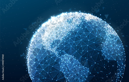 World globe with low polys and glowing dots, global digital network realistic vector background. Planet Earth with triangular geometric, low poly mesh pattern, communication, internet data wallpaper