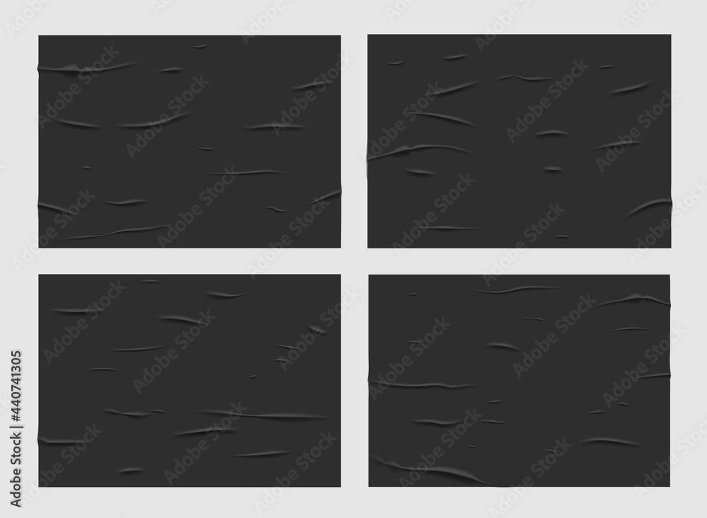 Black glued wet paper posters, wrinkled and crumpled texture. Vector creased rectangular sheets with corrugation, isolated blank mockup for ad flyer design. Blank pages with wrinkles, realistic 3d set Black glued wet paper posters, wrinkled and crumpled texture. Vector creased rectangular sheets with corrugation, isolated blank mockup for ad flyer design. Blank pages with wrinkles, realistic 3d set