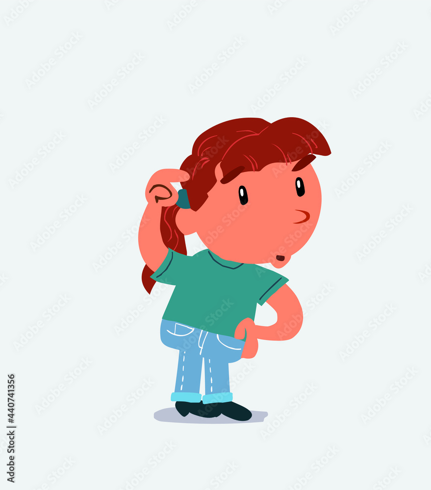 funny cartoon character of little girl on jeans doubting
