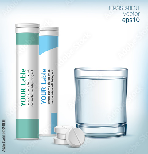 Glass of blue water, plastic box and a few pills next to the glass.  Vitamin pill soluble in water.  Transparent vector