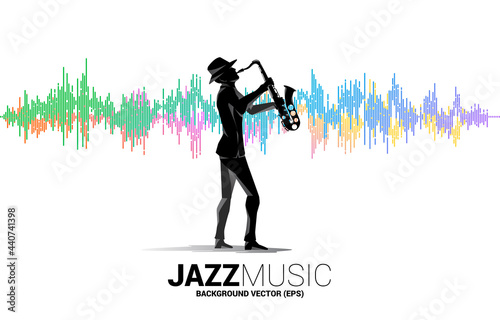 Vector silhouette of man and saxophone standing with Music Equalizer background. Concept background for classic music concert and recreation.