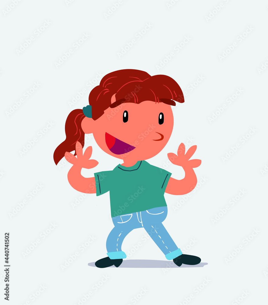 Pleasantly surprised cartoon character of little girl on jeans