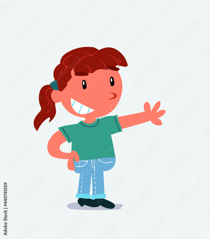  Pleased cartoon character of little girl on jeans points to something.