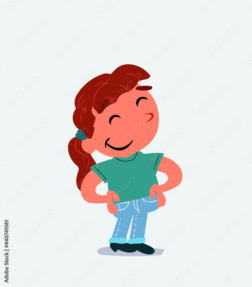 Satisfied cartoon character of little girl on jeans. Satisfied cartoon character of little girl on jeans.