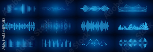 A set of musical sound waves. Audio digital equalizer technology, console panel, pulse music. Hi-tech AI assistant voice, background wave flow, equalizer. Vector illustration