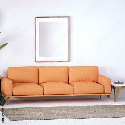 Bohemian design modern interior with Cozy Couch, White Planks Floors and House Plants. Empty Frame Mockup, Art and Print Mockup.
