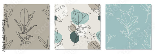 Set of trendy minimalist seamless botanical pattern with line art composition