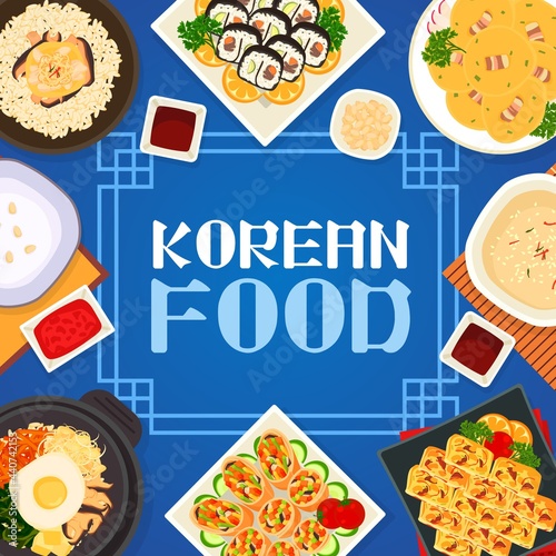 Korean cuisine vector pudding, chicken mushroom rice or bean pancakes with bacon. Vegetable omelette, sushi rolls kimbap, fried rolls with vegetables and bibimbap with milk dessert bingsu Korea dishes