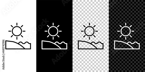 Set line Beach icon isolated on black and white background. Tropical beach landscape. Good sunny day. Vector