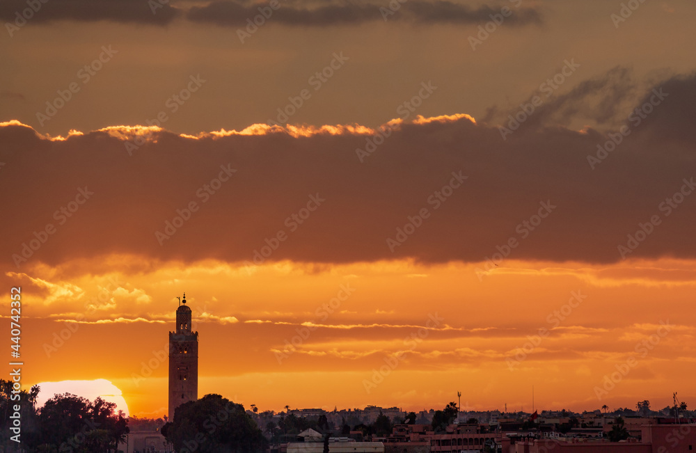Sunset over Marrakech city skyline in Morocco