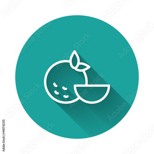 White line Orange fruit icon isolated with long shadow. Green circle button. Vector