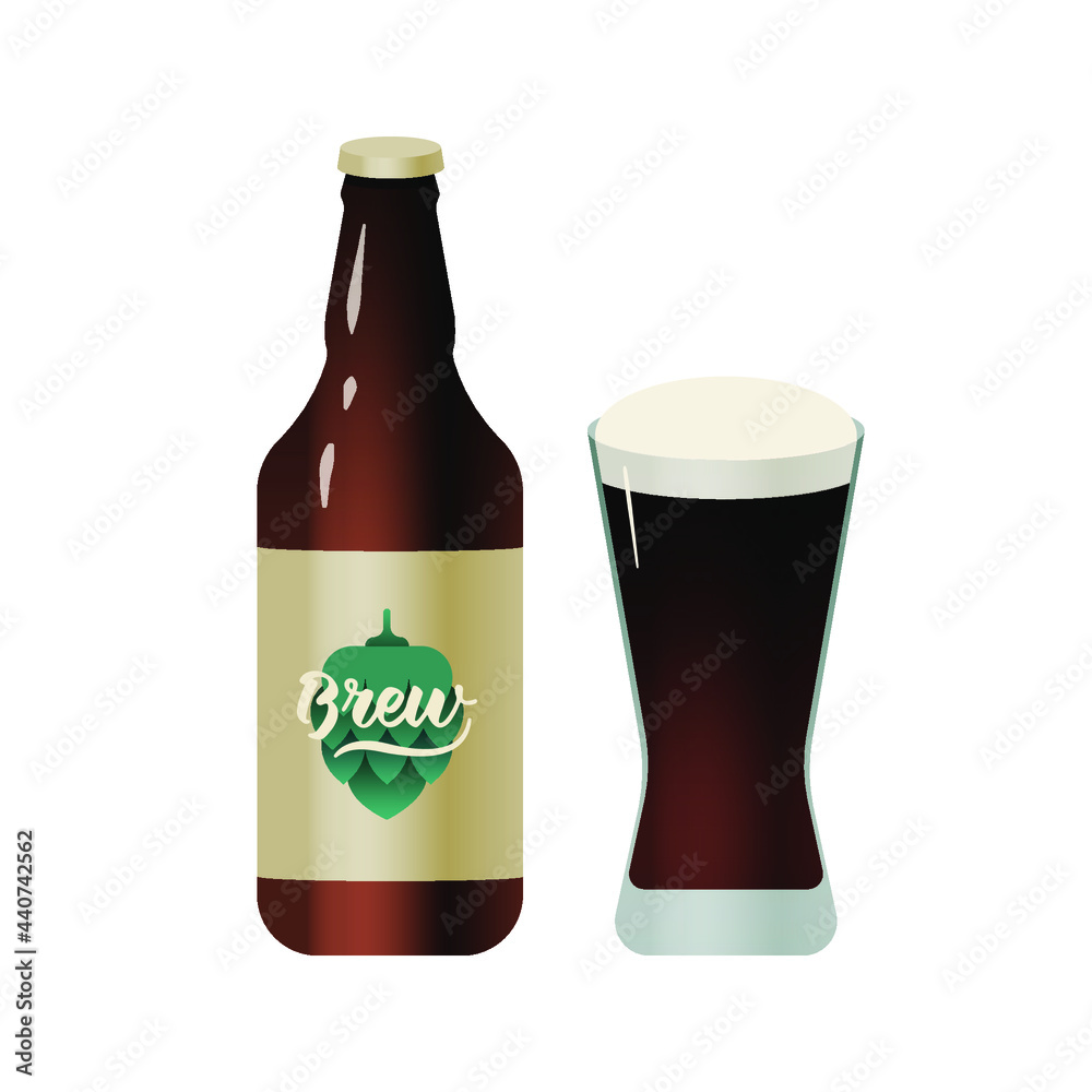 Craft Beer with Glass of Dark Beer. Modern Vector Illustration. Badge with Hops. Brew Lettering. Social Media Ads. Craft Beer with Glass of Dark Beer. Modern Vector Illustration. Badge with Hops. Brew Lettering. Social Media Ads.