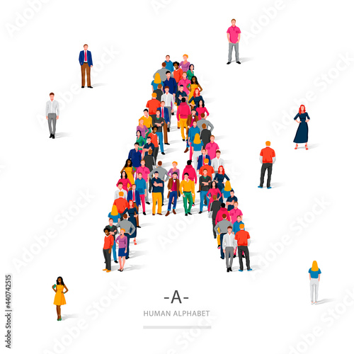 A large group of people is standing in colored clothes in the shape of the letter A. The concept of the human alphabet.