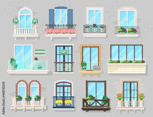 House balcony, building facade or city street architecture interior design. Vector balcony with wrought iron and wooden railings, glass fences decorated flowers in flowerpots, window shutters
