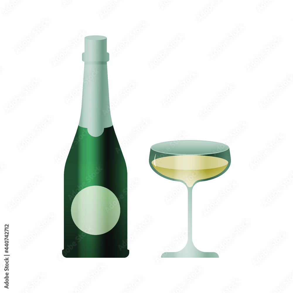 Bottle with Silver Label and Glass with Liquid on White Background. Modern Vector Illustration. Social Media Ads. Bottle with Silver Label and Glass with Liquid on White Background. Modern Vector Illustration. Social Media Ads.