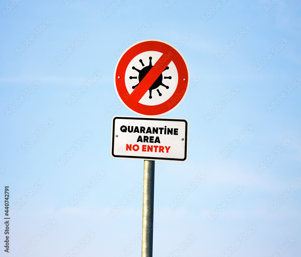 Quarantine area. Warning sign. Coronavirus has no entry. Blue sky. Virus icon. Quarantine zone. Quarantine area. Warning sign. Coronavirus has no entry. Blue sky. Virus icon. Quarantine zone.