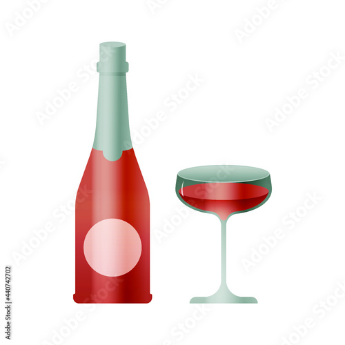 Bottle with Silver Label and Glass with Rose Liquid on White Background. Modern Vector Illustration. Social Media Ads.