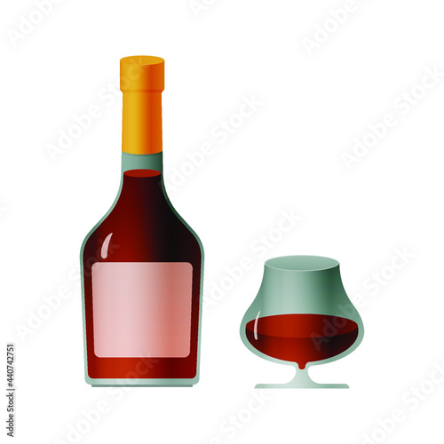 Bottle and Glass with Liquid on White Background. Modern Vector Illustration. Social Media Ads.