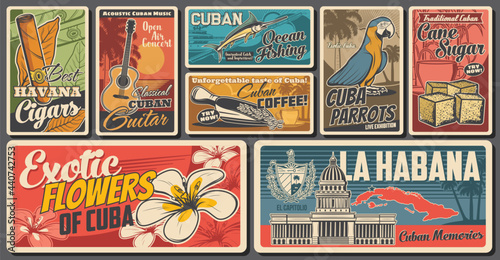 Cuba travel retro banners set, vector mariposa flower. Cuban, guitar, map of exotic island and parrot. Havana cigars and Caribbean islands. Cuban coffee beans and sugar, Habana architecture, memories