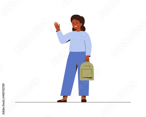 African American school girl waves a hand and saying hello or bye to school. Smiling female teenager with bagpack does greeting gesture. Vector illustration photo