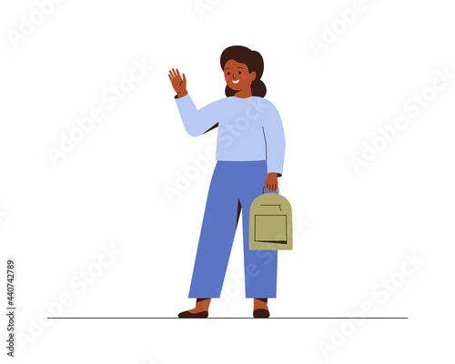 African American school girl waves a hand and saying hello or bye to school. Smiling female teenager with bagpack does greeting gesture. Vector illustration