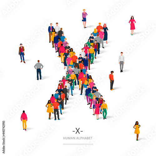 A large group of people is standing in colored clothes in the shape of the letter X. The concept of the human alphabet.