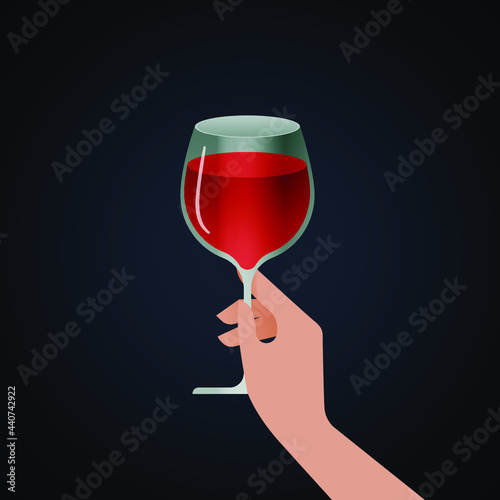 Hand Hold Glass of Red Wine on Dark Background. Modern Vector Illustration. Social Media Ads.