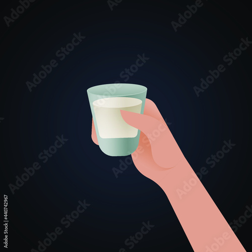 Hand Hold Glass of Drink on Dark Background. Modern Vector Illustration. Social Media Ads.