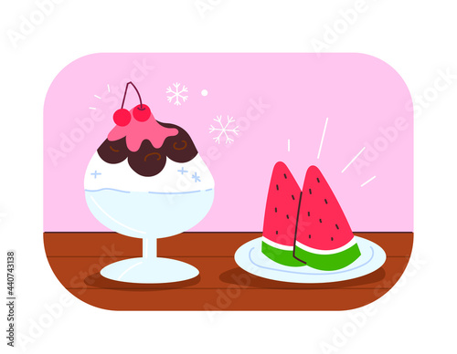 Delicious and refreshing red bean shaved ice and watermelon. Summer food vector illustration.