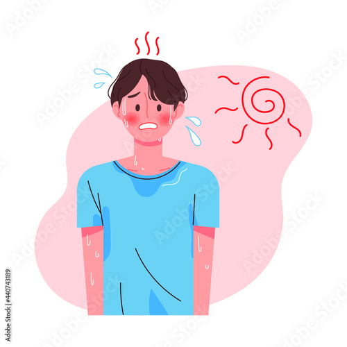 A man sweats under the sunny weather. Summer heat vector illustration.