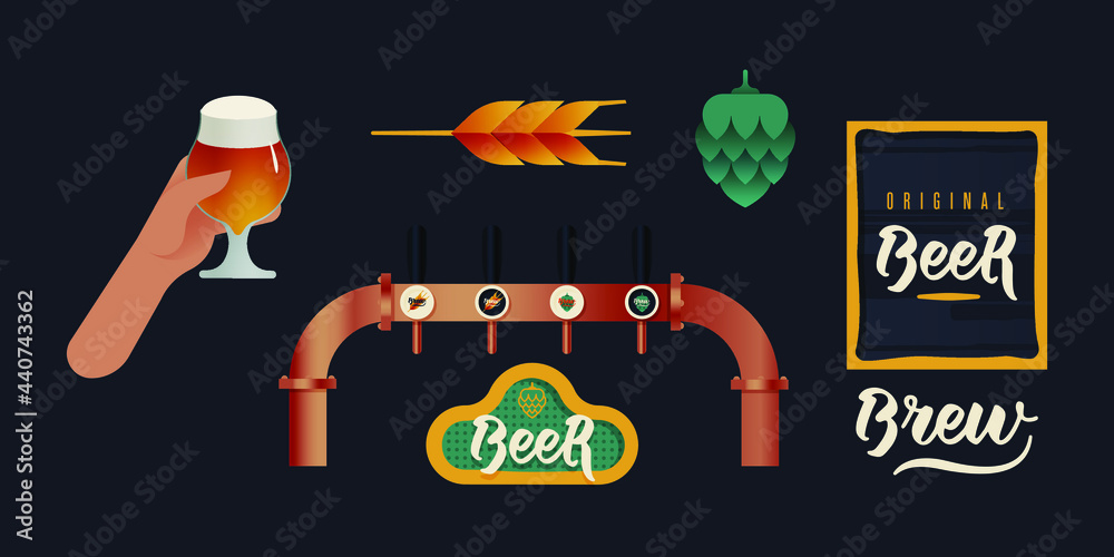 Beer Tower. Beer Badge. Hop and Wheat. Hand Hold Glass with Beer. Beer