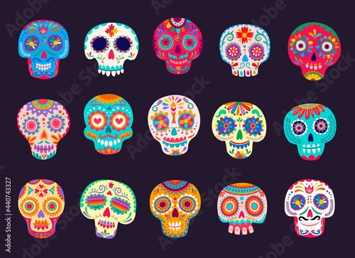 Cartoon mexican calavera sugar skulls vector set. Dead day decoration, Dia de los muertos craniums with flowers and floral pattern. Traditional Mexico festival symbolic, Death holiday celebration photo