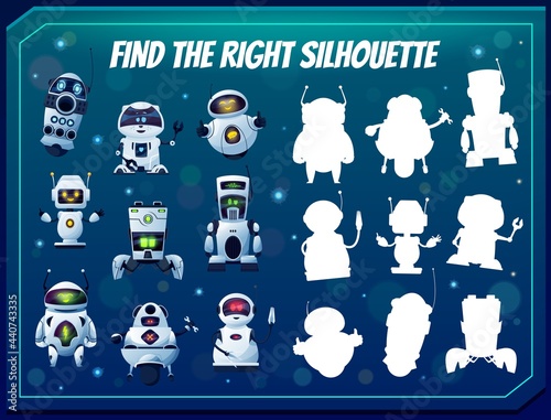 Kids game find the right robot silhouette, shadow match vector riddle with cartoon cyborgs. Children logic test with androids and artificial intelligence bots. Education worksheet for mind development
