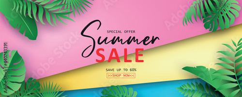Elegant summer sale banner with tropical leaf theme