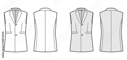 Sleeveless jacket lapelled vest waistcoat technical fashion illustration with notched collar, single breasted, pockets. Flat template front, back, white, grey color style. Women, unisex top CAD mockup