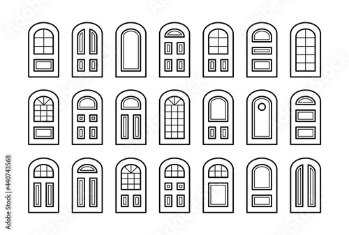 Entry wooden panel and glass doors. Interior and exterior architecture elements. Front and back arch doors. Line icon collection