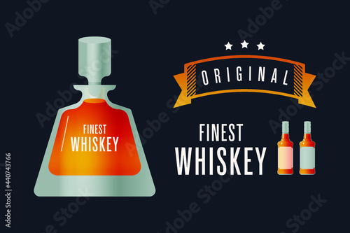 Decanter with Label. Finest Whiskey. Lettering Composition with Decorative Elements. Kinds of Bottles on Dark Background. Modern Vector Illustration. Social Media Ads.