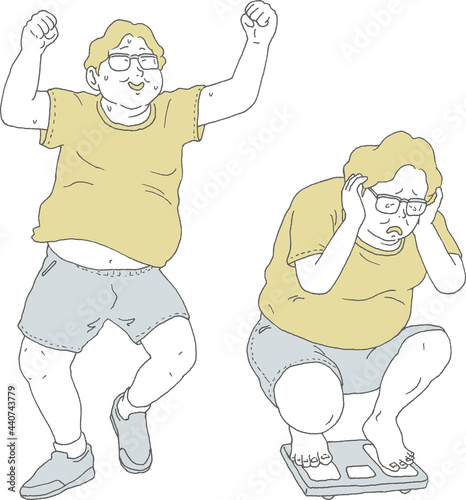 拳を上げる肥満男、体重を量る肥満男