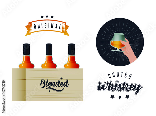 Original. Scotch Whiskey. Lettering Composition with Decorative Elements. Box with Bottles. Badge. Hand Hold Glass of Liquid. Modern Vector Illustration. Social Media Ads.