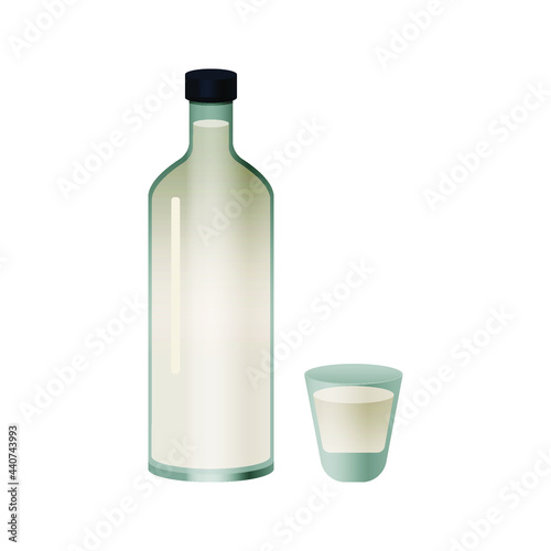 Bottle and Glass with Liquid on White Background. Modern Vector Illustration. Social Media Ads.