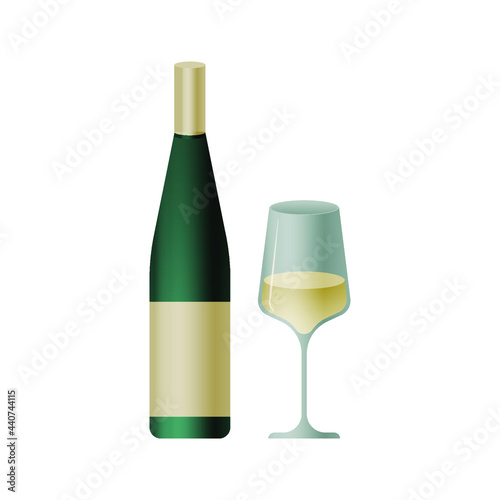 Green Bottle with Light Label and Glass with Liquid on White Background. Modern Vector Illustration. Social Media Ads.