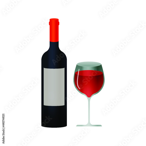 Dark Bottle with Light Label and Glass with Red Liquid on White Background. Modern Vector Illustration. Social Media Ads.