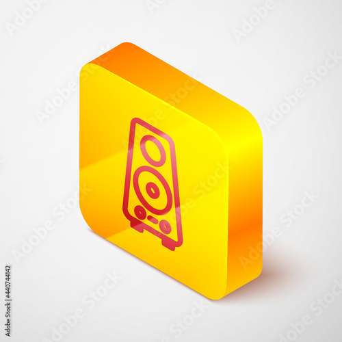 Isometric line Stereo speaker icon isolated on grey background. Sound system speakers. Music icon. Musical column speaker bass equipment. Yellow square button. Vector