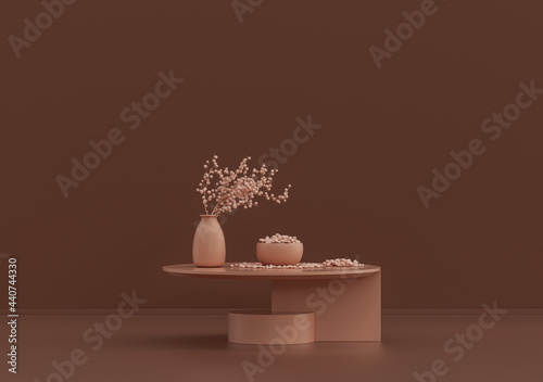 Single coffee table with ornamental plants and vases in rosy brown room, monochrome single color, 3d Rendering