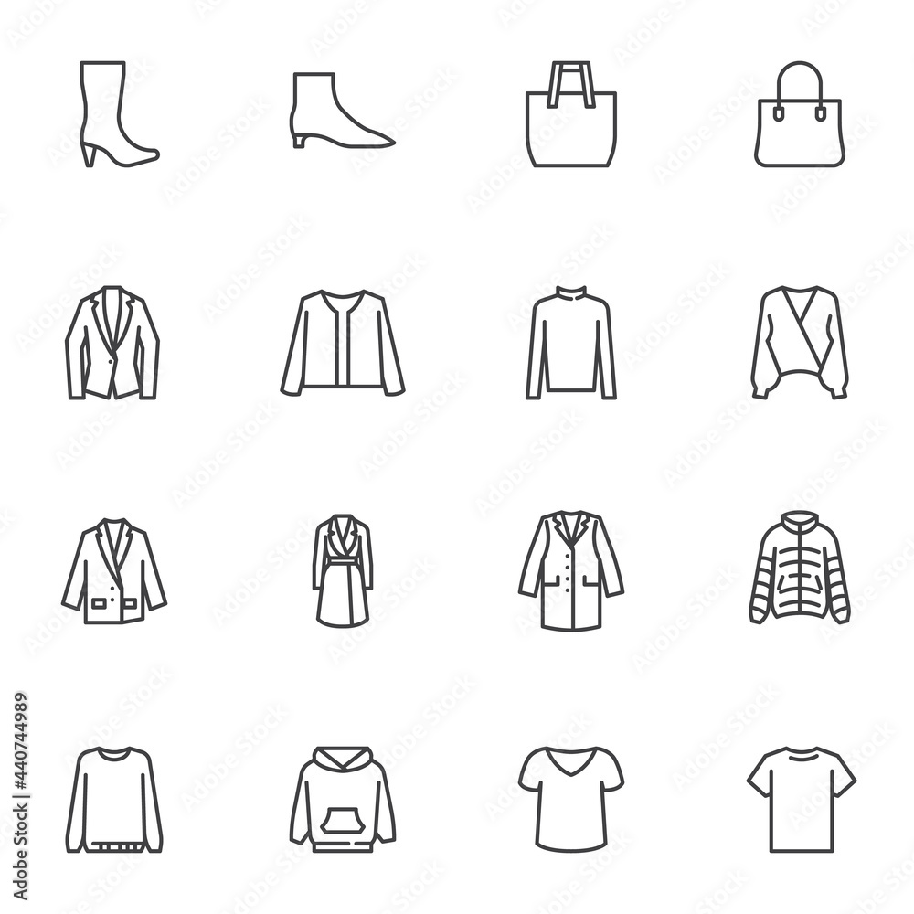 Women's clothing and accessories line icons set Women's clothing and accessories line icons set